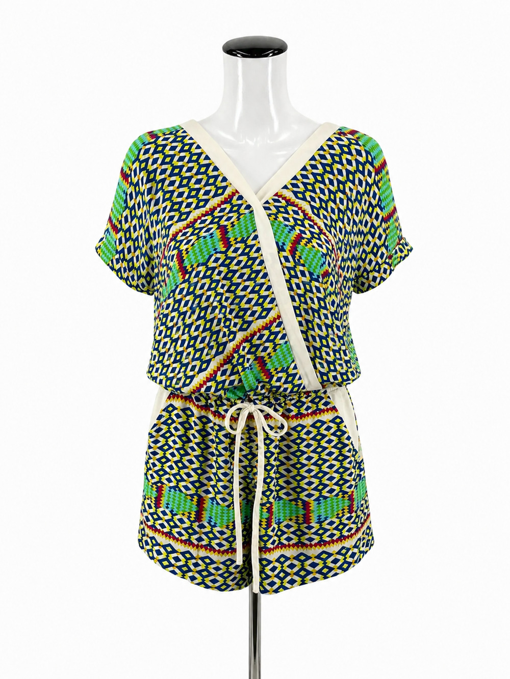 C. Luce Geometric Ikat Print Romper V-Neck Drawstring Pockets NWT Size Small